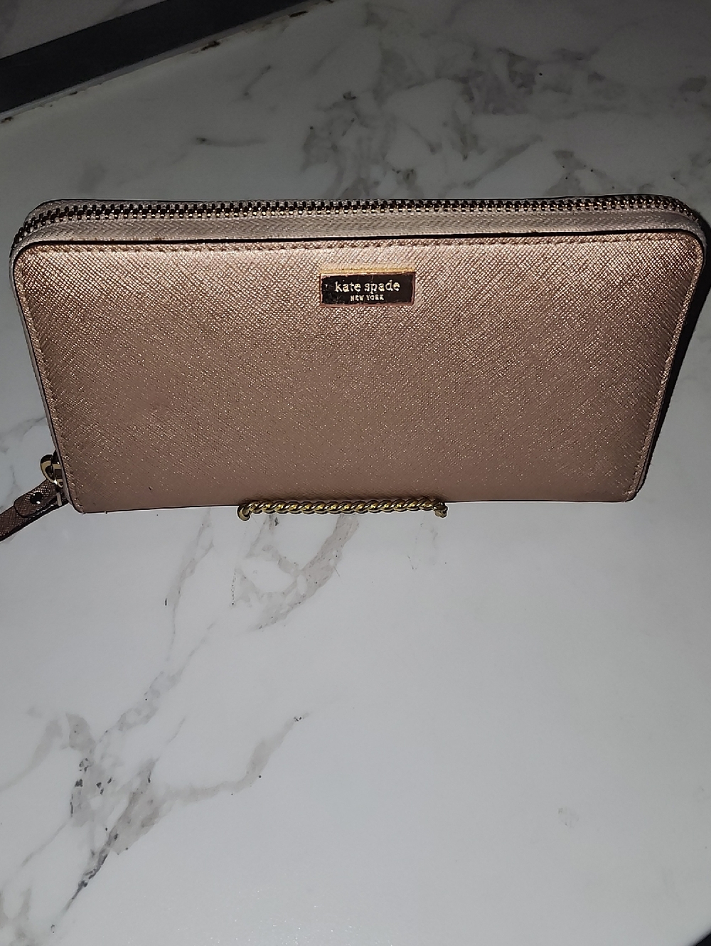 kate spade Metallic Rose Gold Saffiano Zip Around Wallet